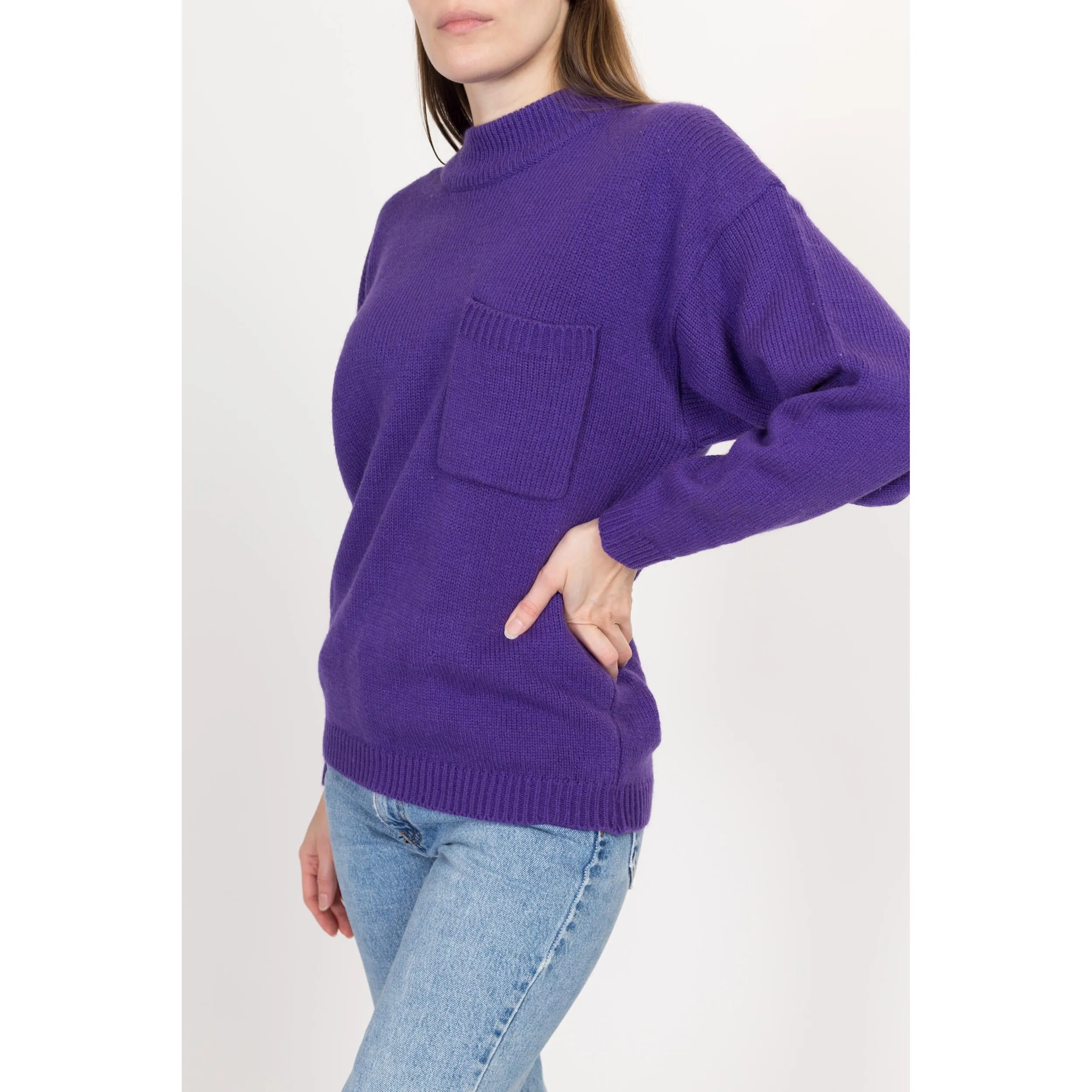 Large 80s Purple Mockneck Pocket Sweater