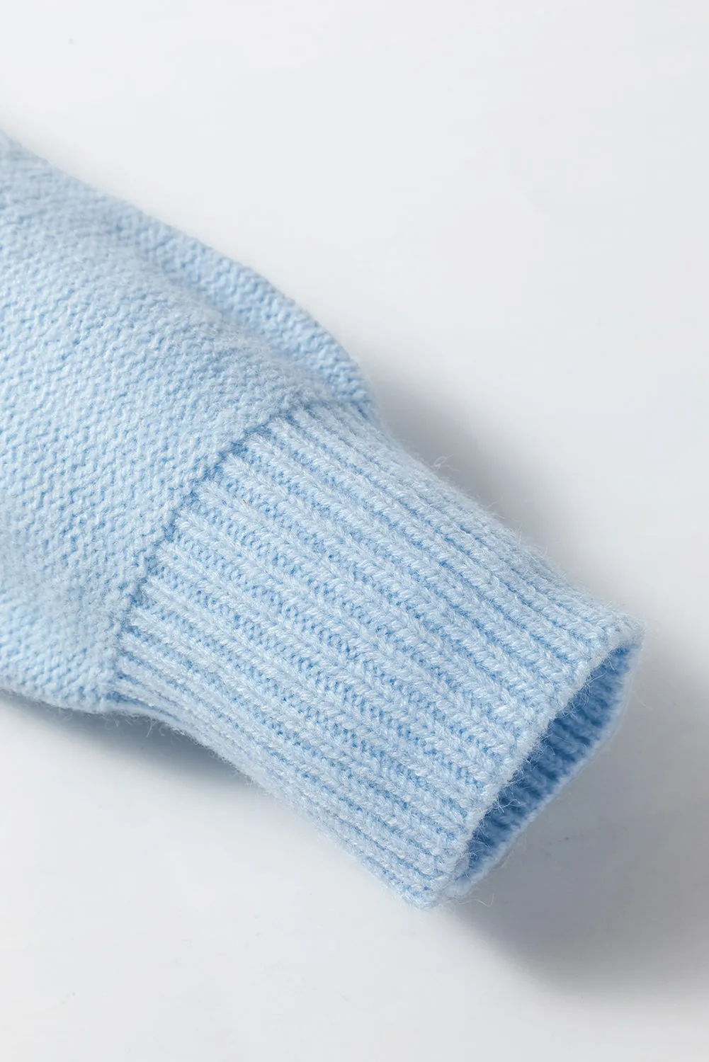Light Blue Knitted Flower Pattern Ribbed Edge Sweater
