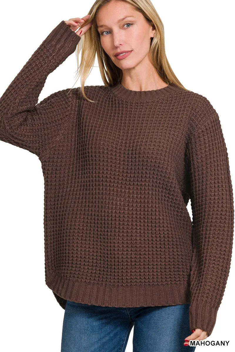 Malibu hi-lo round neck waffle sweater tw-2416y mahogany