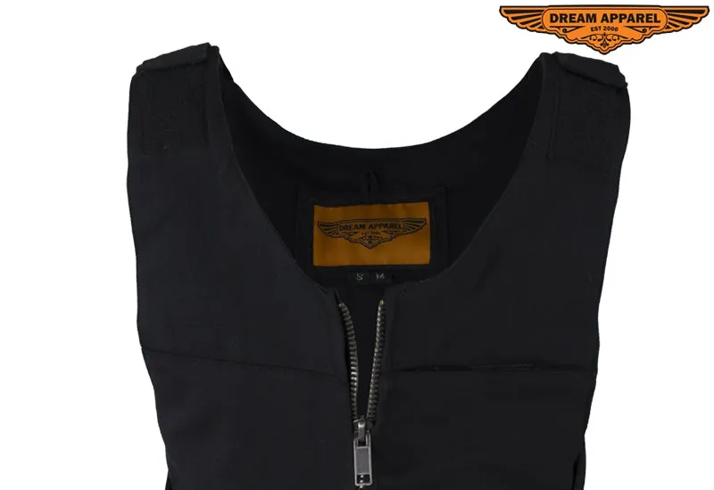 Mens Black Canvas Motorcycle Bullet Vest with Front Zipper Closure