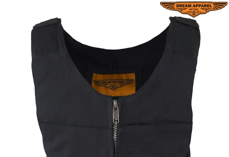Mens Black Canvas Motorcycle Bullet Vest with Front Zipper Closure
