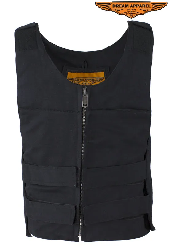 Mens Black Canvas Motorcycle Bullet Vest with Front Zipper Closure