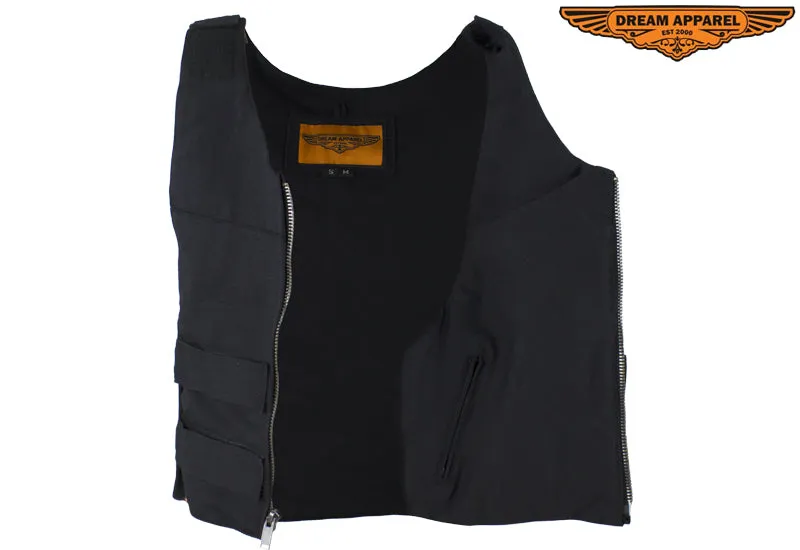 Mens Black Canvas Motorcycle Bullet Vest with Front Zipper Closure
