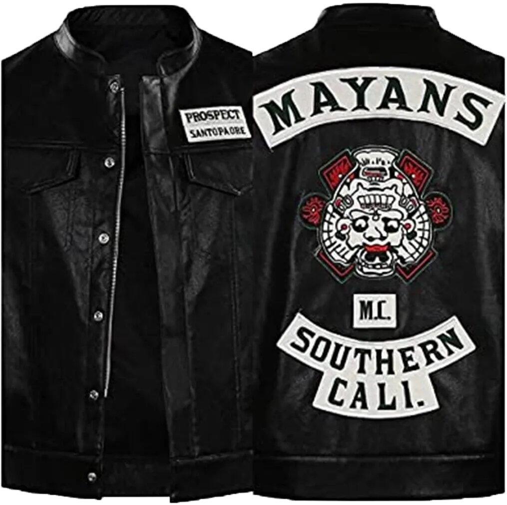 Mens JD Pardo Mayans MC Northern Cali Ezekiel Reyes Biker Black Leather Vest | Mens Biker Black Leather Jacket