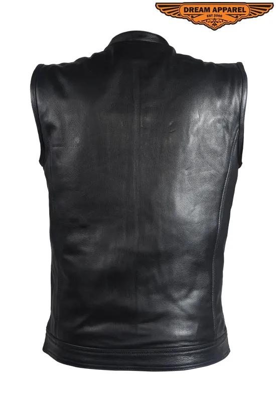 Mens Leather Motorcycle Vest With Blue Liner