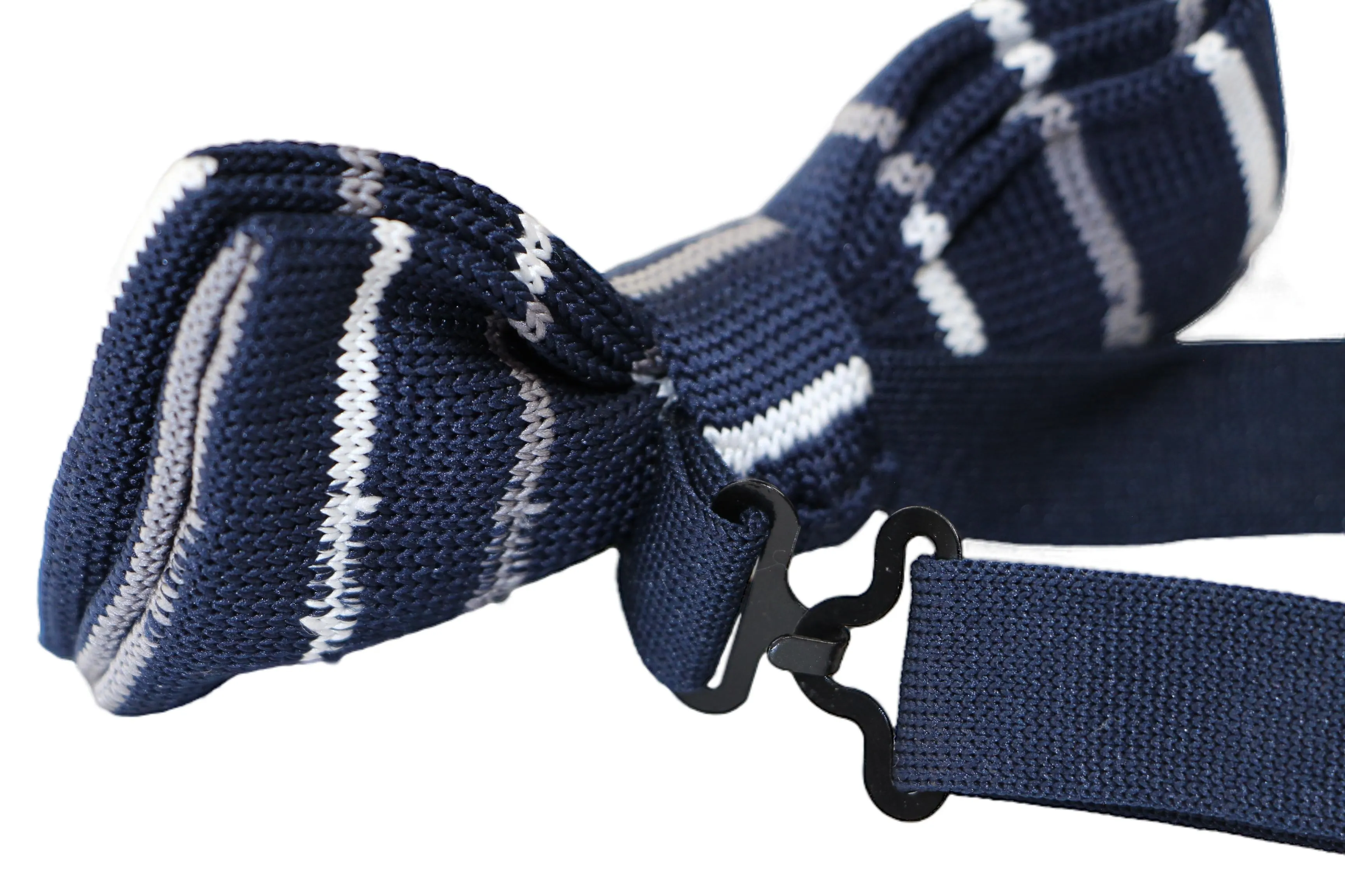 Mens Navy With White & Grey Thin Stripes Knitted Bow Tie