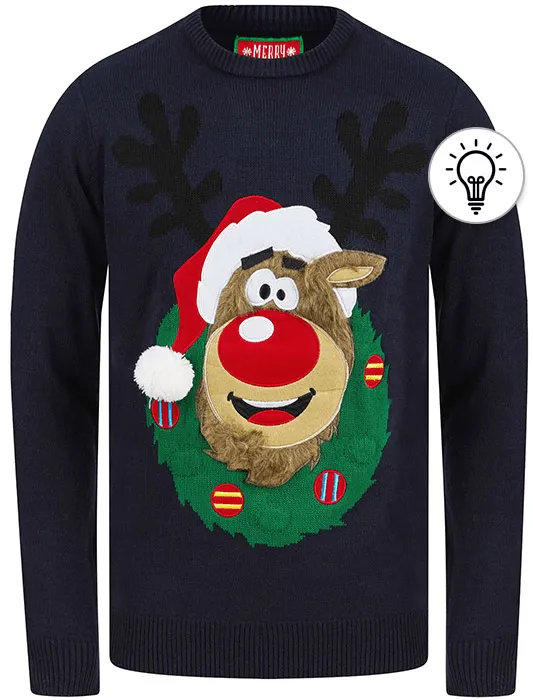 Men's Reindeer Wreath Motif LED Light Up Novelty Christmas Jumper in Ink - Merry Christmas