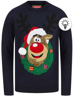 Men's Reindeer Wreath Motif LED Light Up Novelty Christmas Jumper in Ink - Merry Christmas