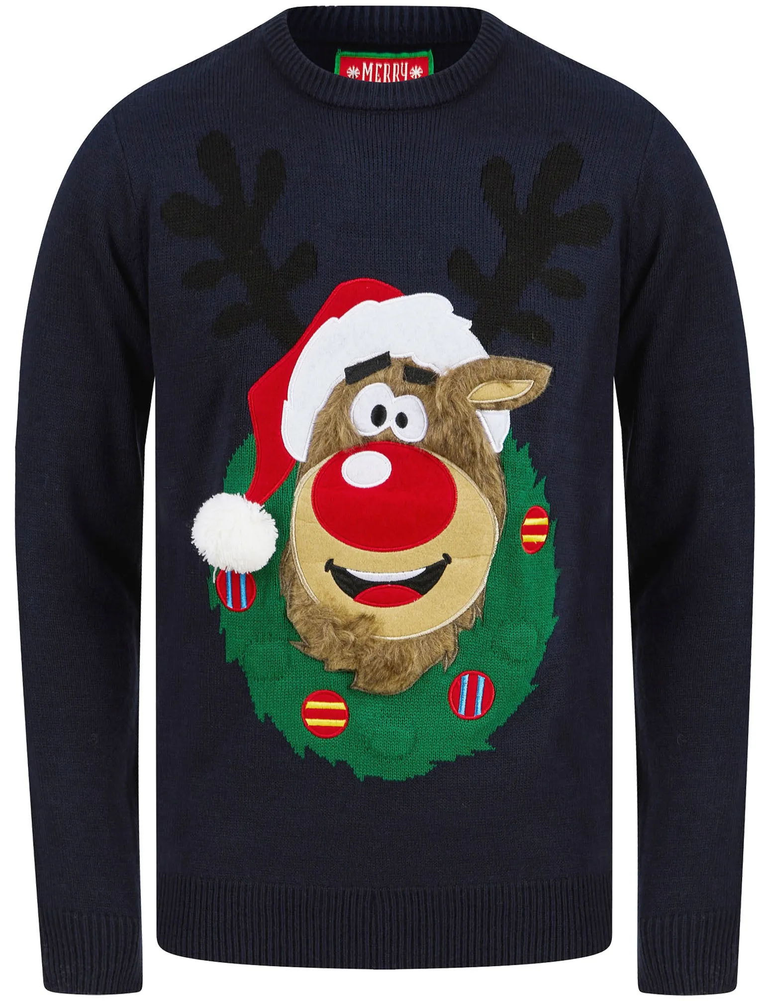 Men's Reindeer Wreath Motif LED Light Up Novelty Christmas Jumper in Ink - Merry Christmas