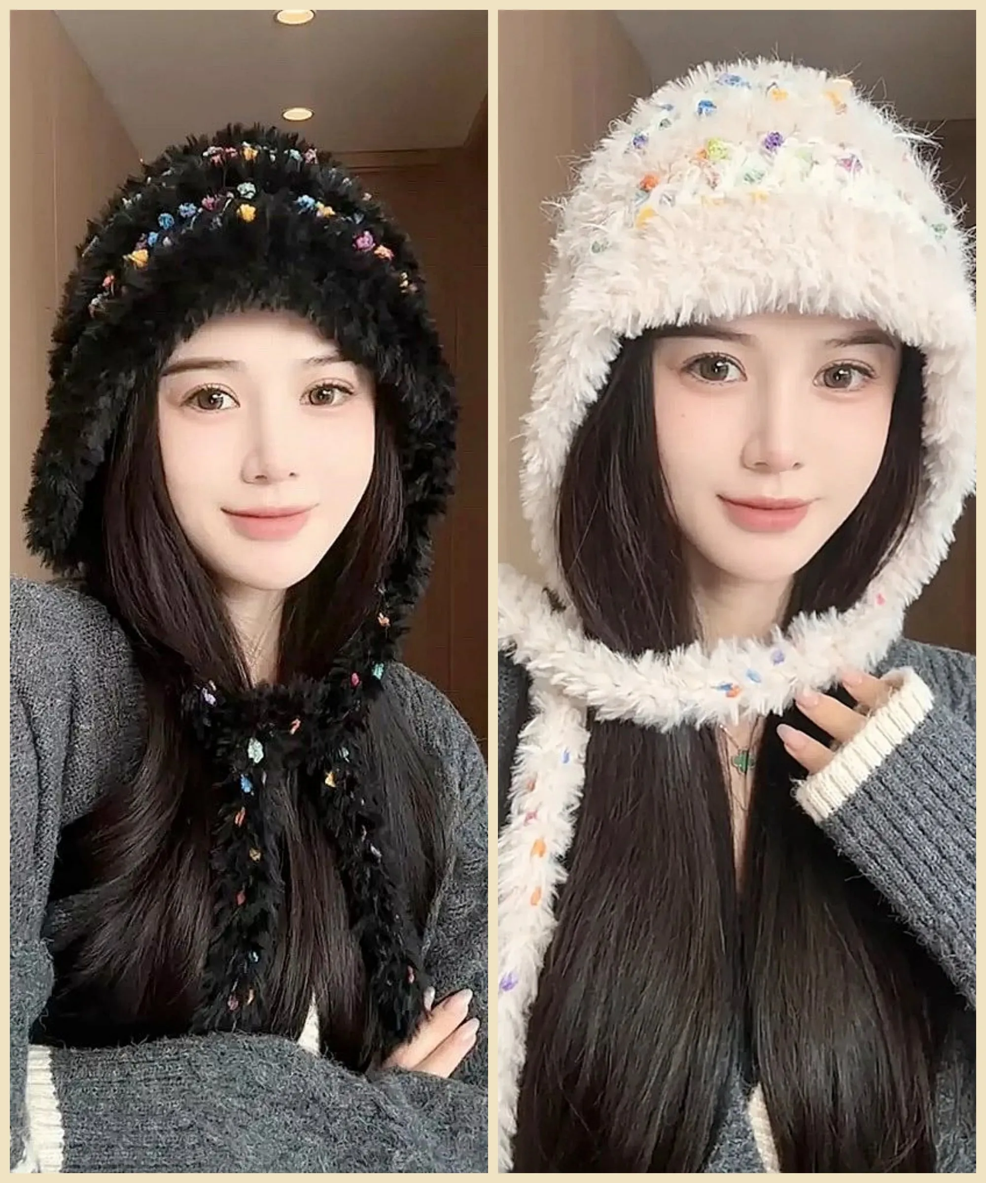 Microfiber Multicolor Yarn Knit Beanie with Tied Side Straps