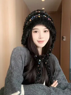 Microfiber Multicolor Yarn Knit Beanie with Tied Side Straps