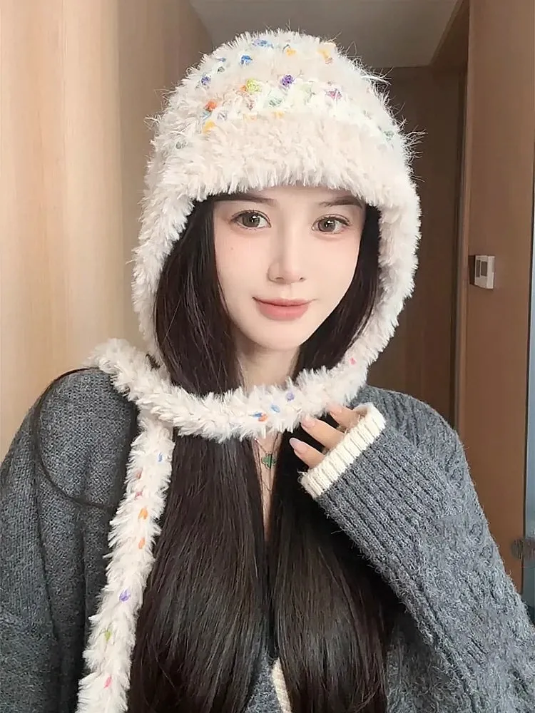 Microfiber Multicolor Yarn Knit Beanie with Tied Side Straps