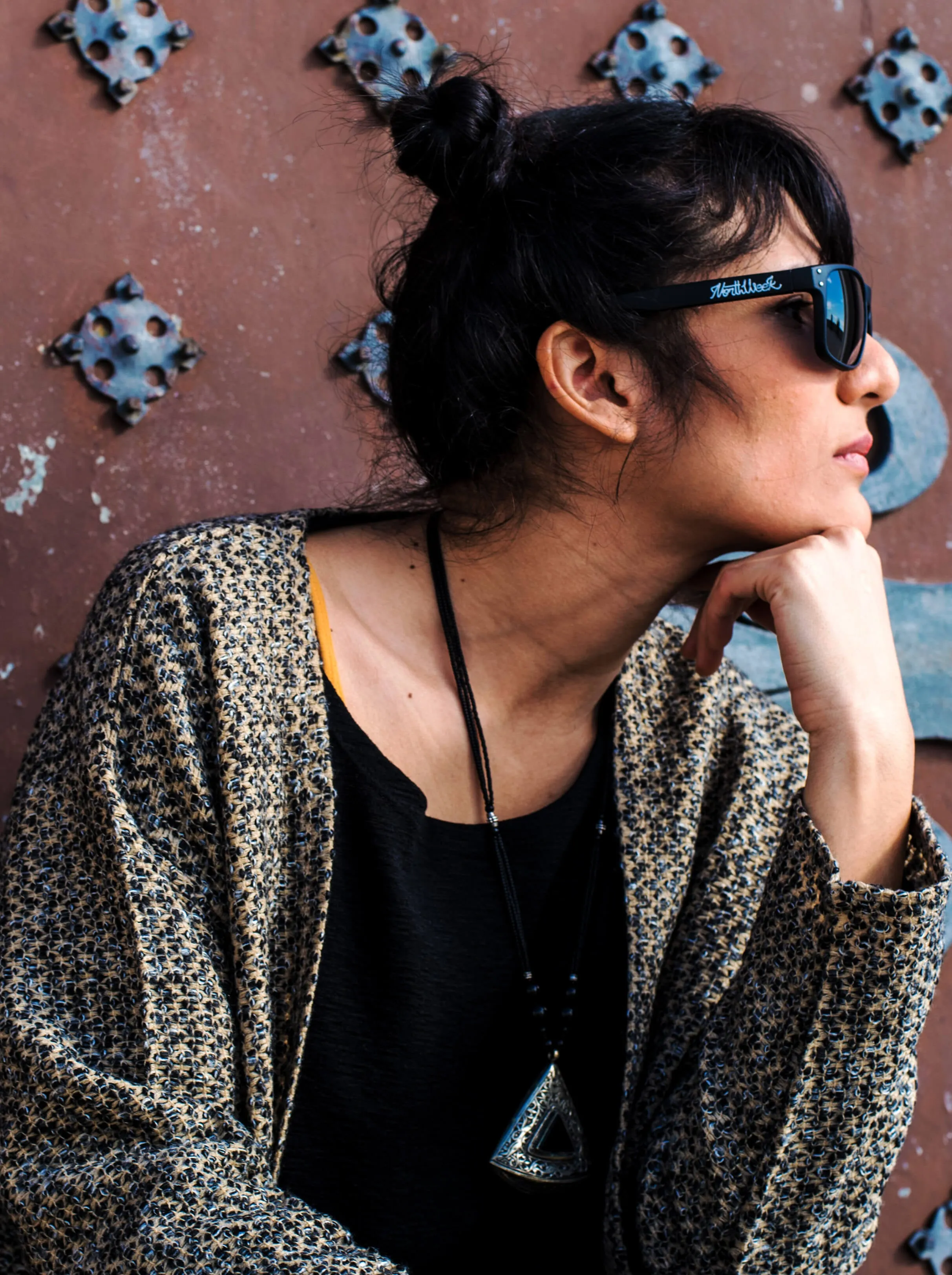 Mottled Knitted Jacket Camel with Blue Highlights