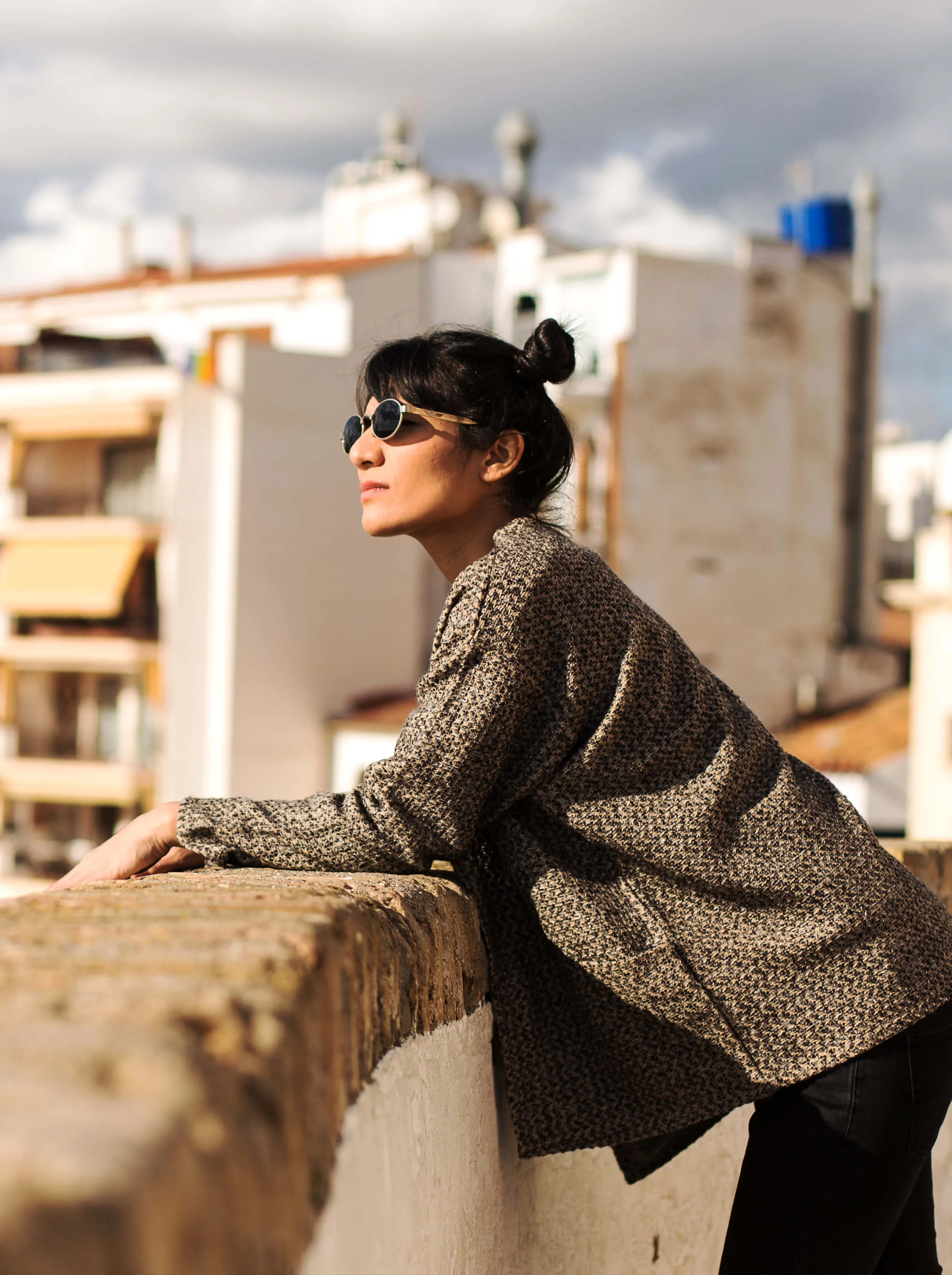 Mottled Knitted Jacket Camel with Blue Highlights