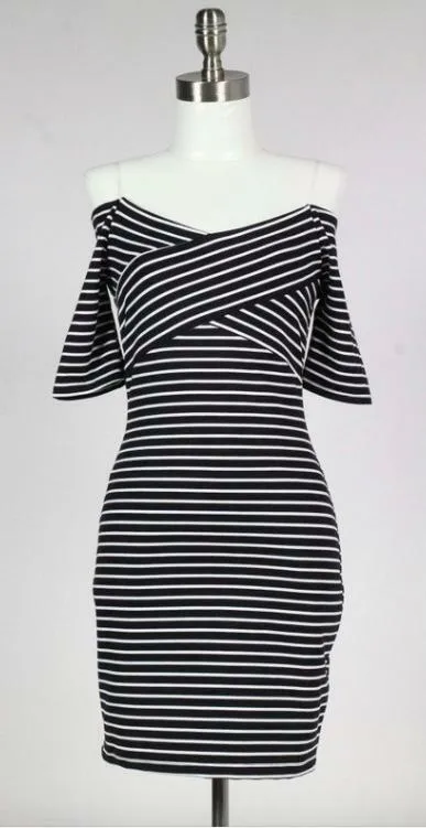 Movin' On Baby Off-The-Shoulder Striped Bodycon Dress
