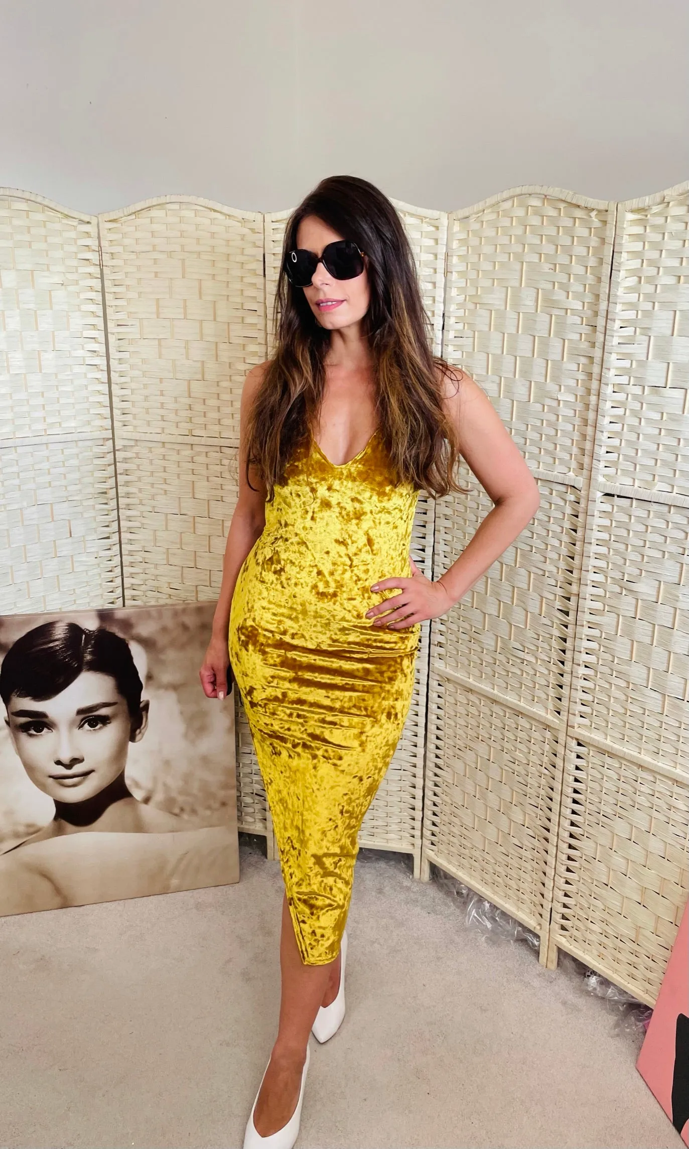 Mustard Velvet Midi Bodycon Dress