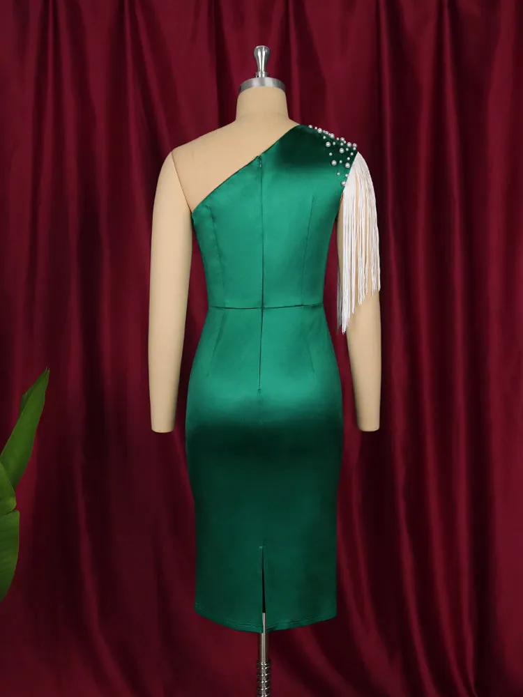 One Shoulder Beading Bodycon Fringe Dress Midi