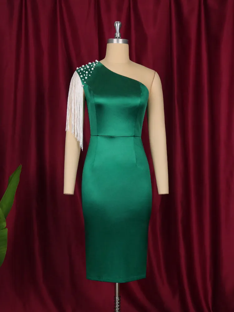 One Shoulder Beading Bodycon Fringe Dress Midi