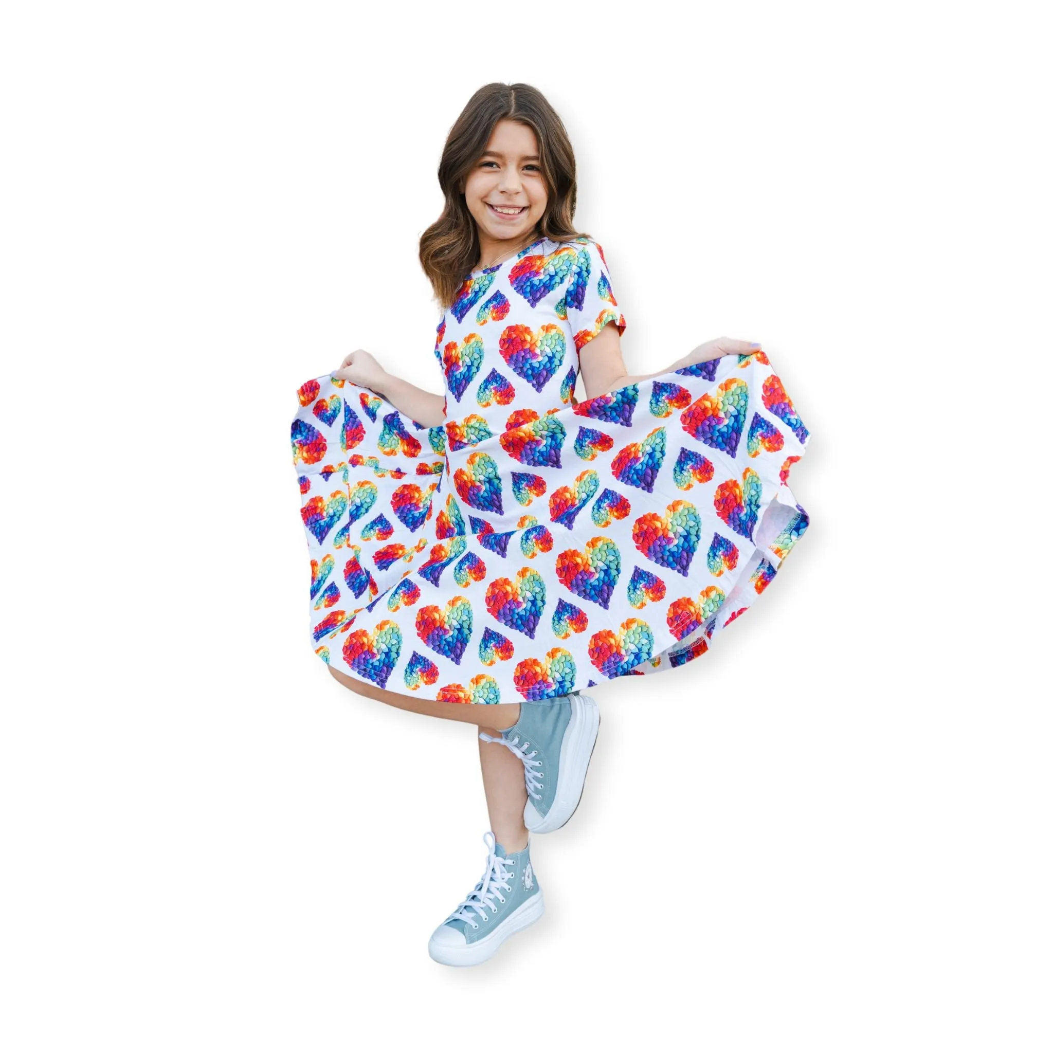 Rainbow Blossom Hearts Kids Twirl Dress [FINAL SALE]