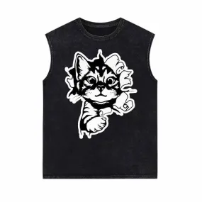 Running Lively Cat On The Wall Vintage Washed Vest Top