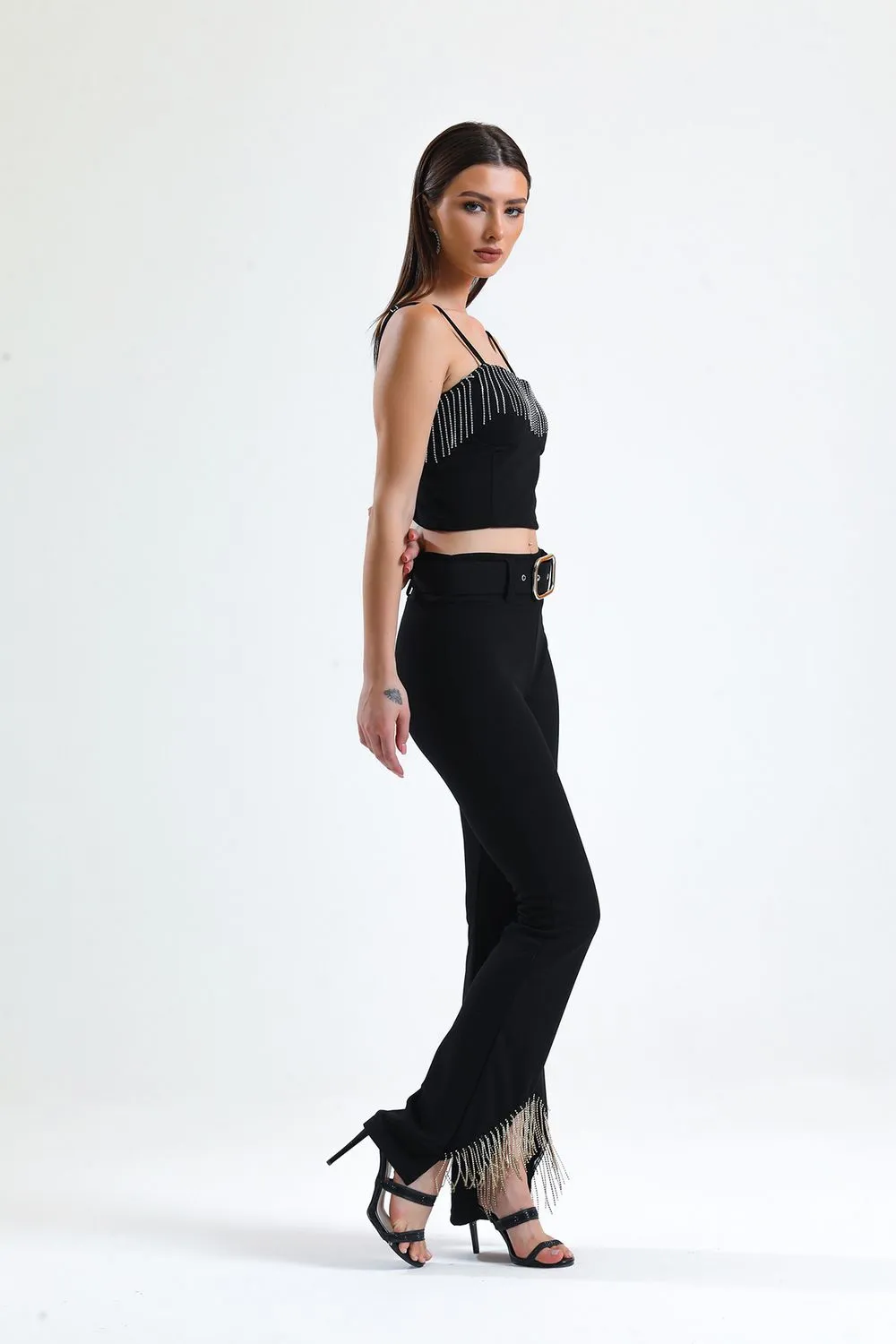 SNS Black Belted Sequined Chain Detailed Scuba Crepe Evening Pants - Franklin