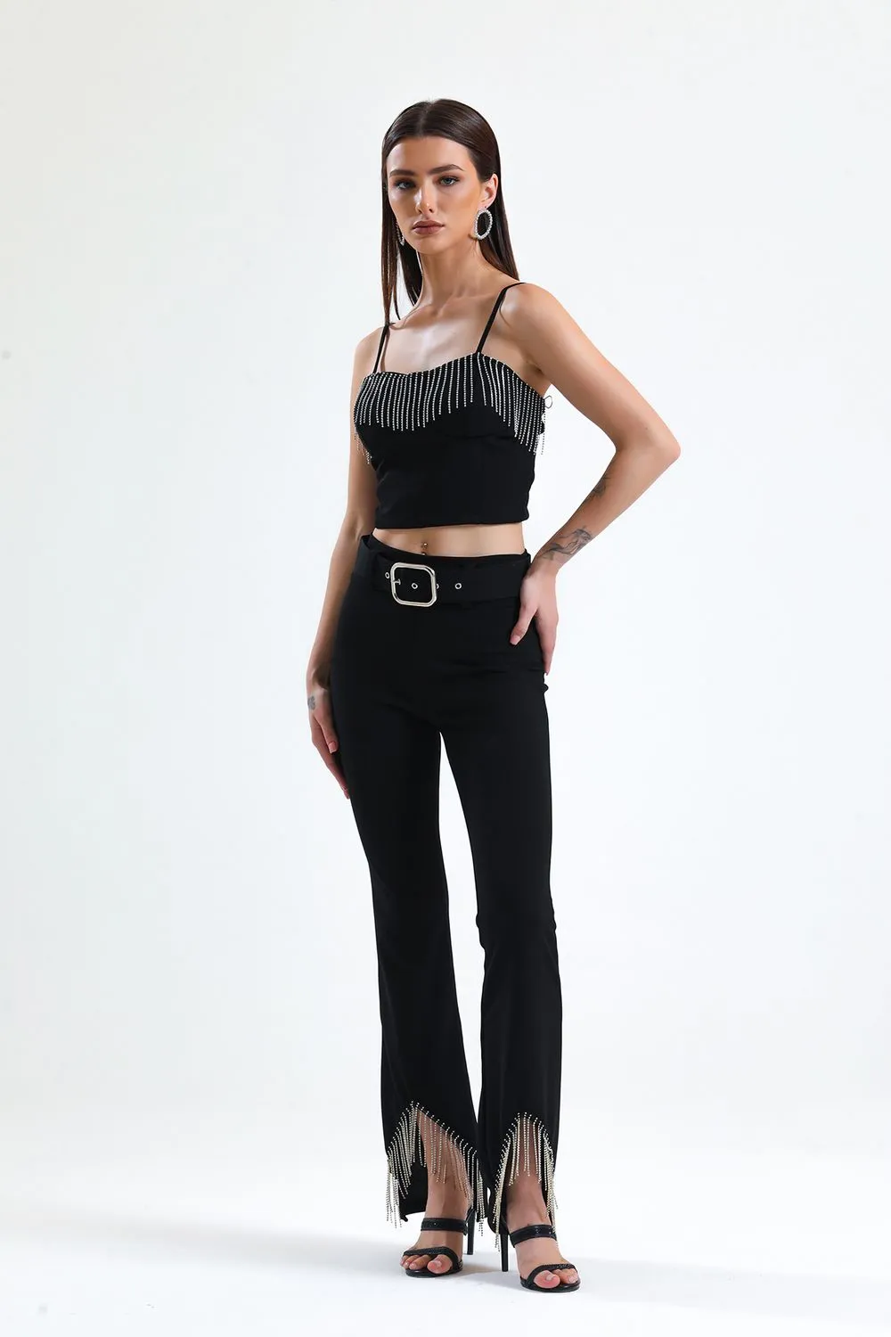 SNS Black Belted Sequined Chain Detailed Scuba Crepe Evening Pants - Franklin