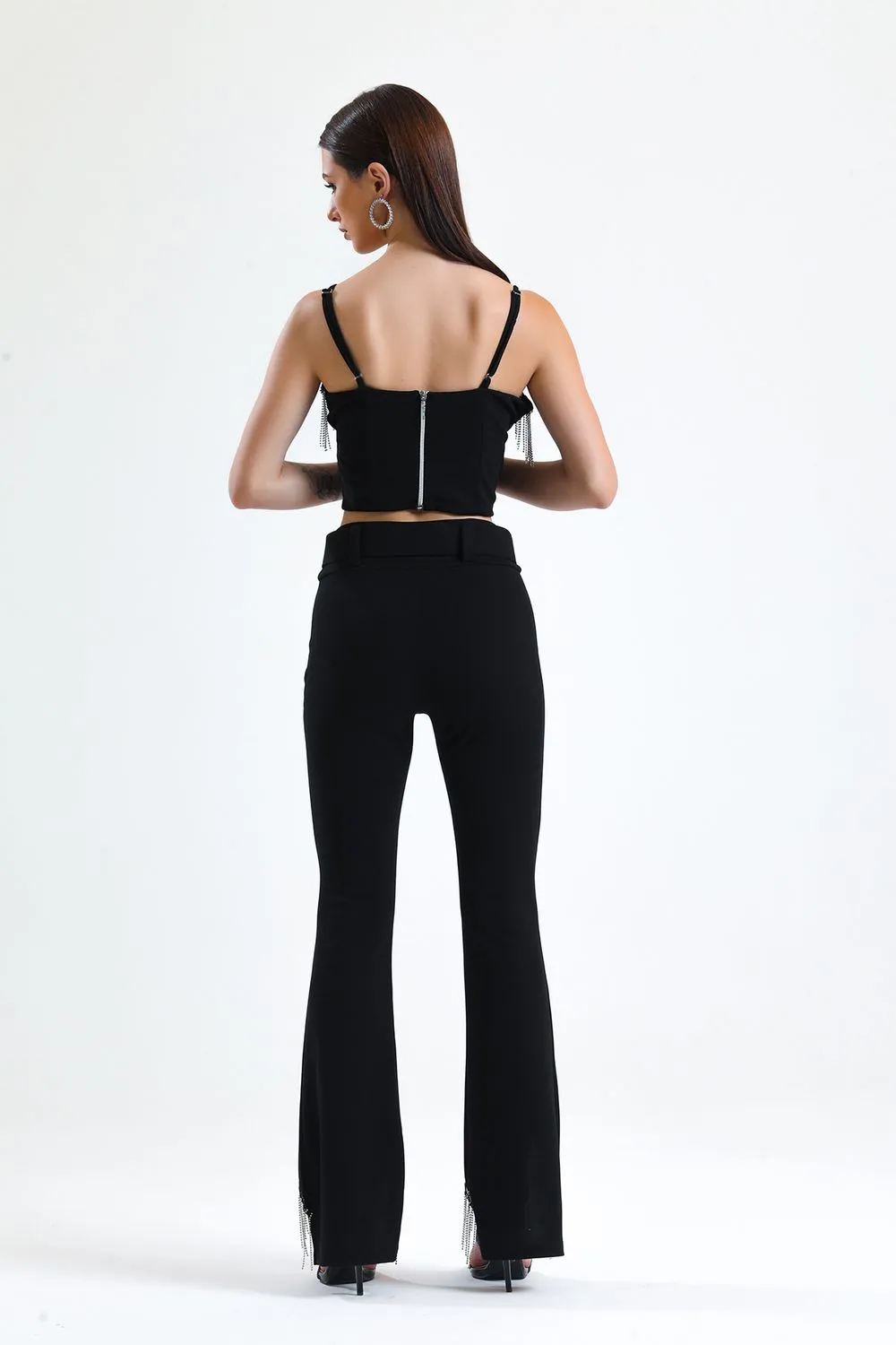 SNS Black Belted Sequined Chain Detailed Scuba Crepe Evening Pants - Franklin