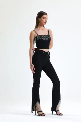 SNS Black Belted Sequined Chain Detailed Scuba Crepe Evening Pants - Franklin