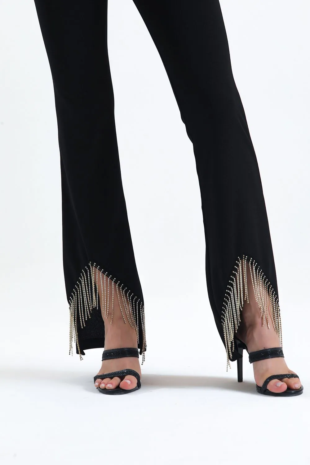 SNS Black Belted Sequined Chain Detailed Scuba Crepe Evening Pants - Franklin