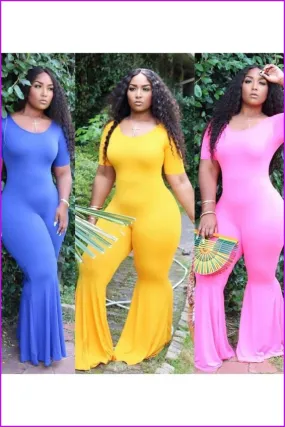Solid Scoop Neck Short Sleeve Flared Jumpsuit F818