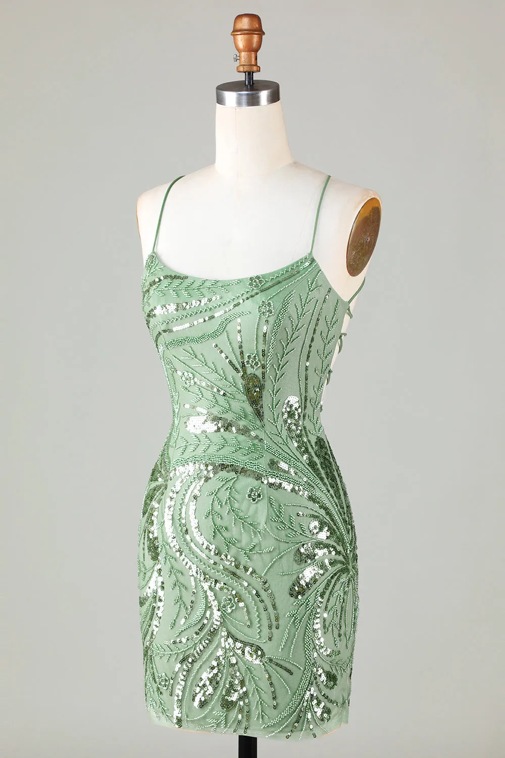 Sparkly Green Sheath Sequin Short Homecoming Dress with Criss Cross Back