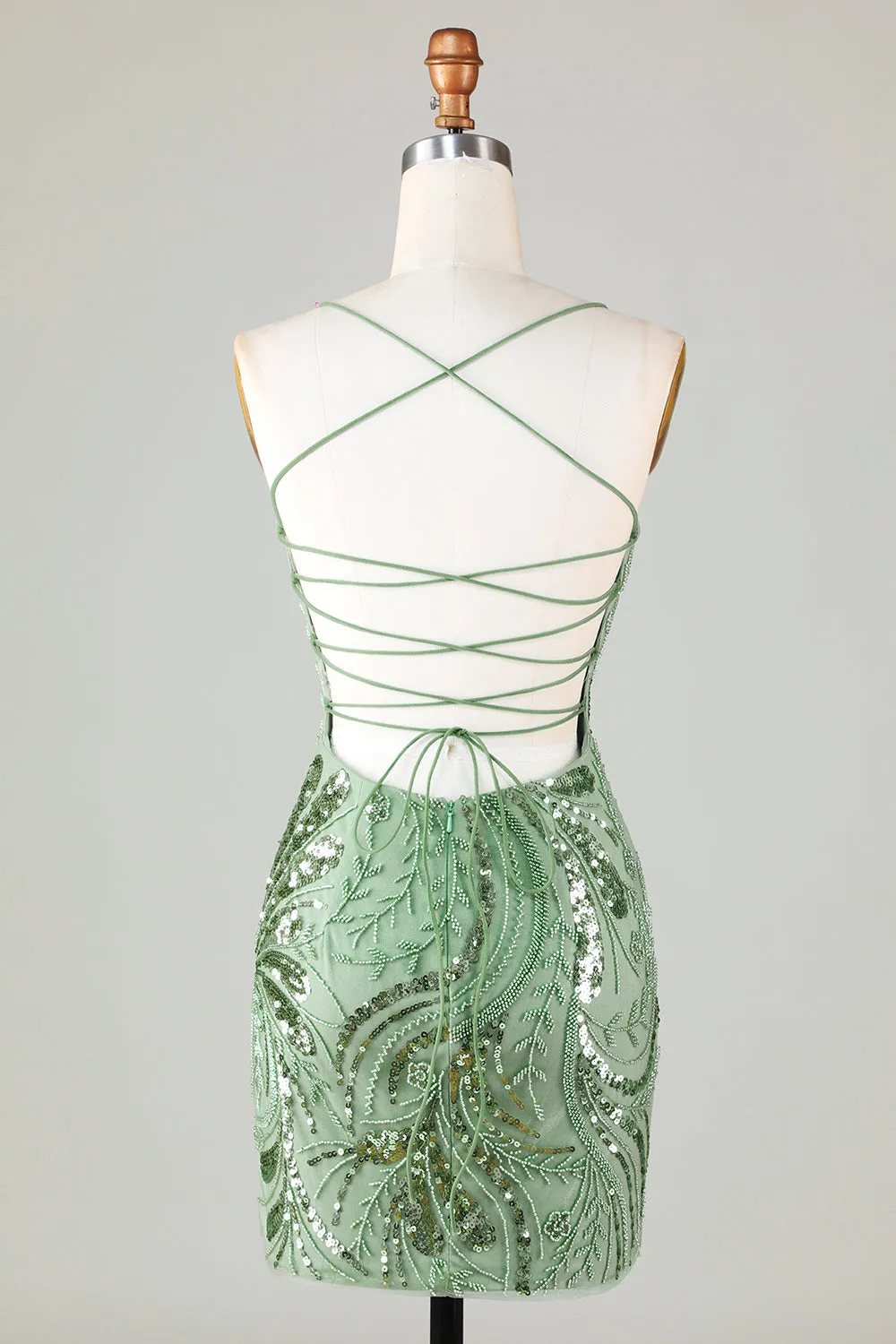 Sparkly Green Sheath Sequin Short Homecoming Dress with Criss Cross Back