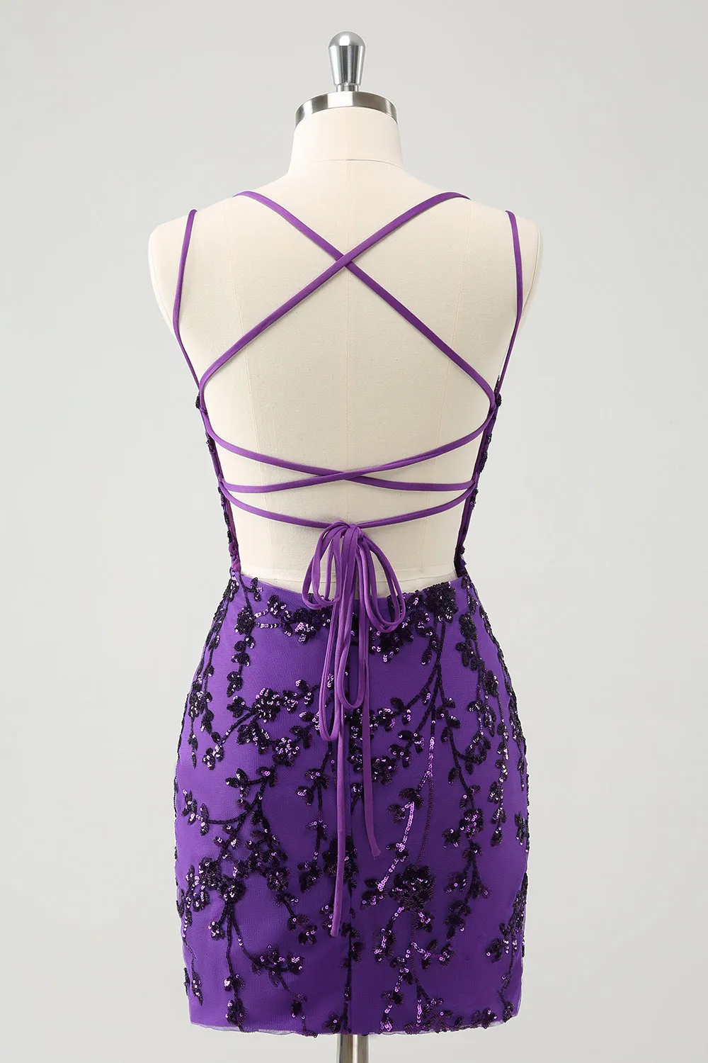 Sparkly Purple Spaghetti Straps Tight Short Homecoming Dress with Appliques