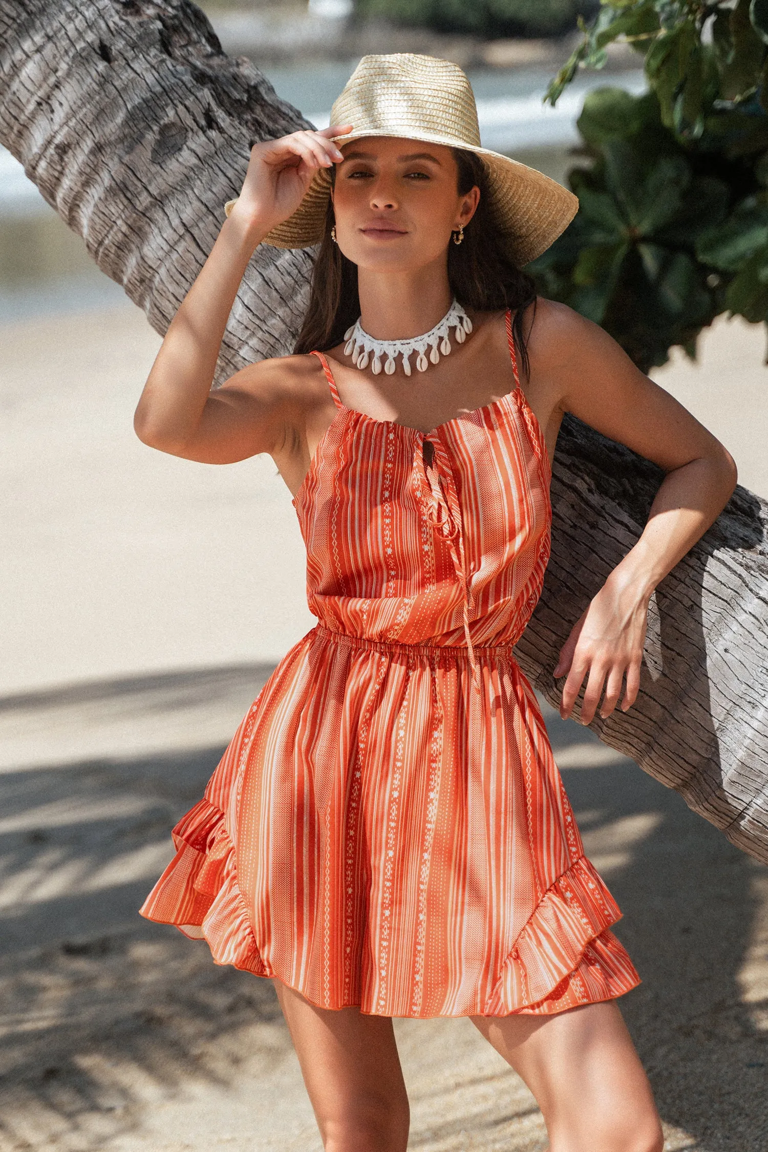 Striped Tie Front Ruffled Romper