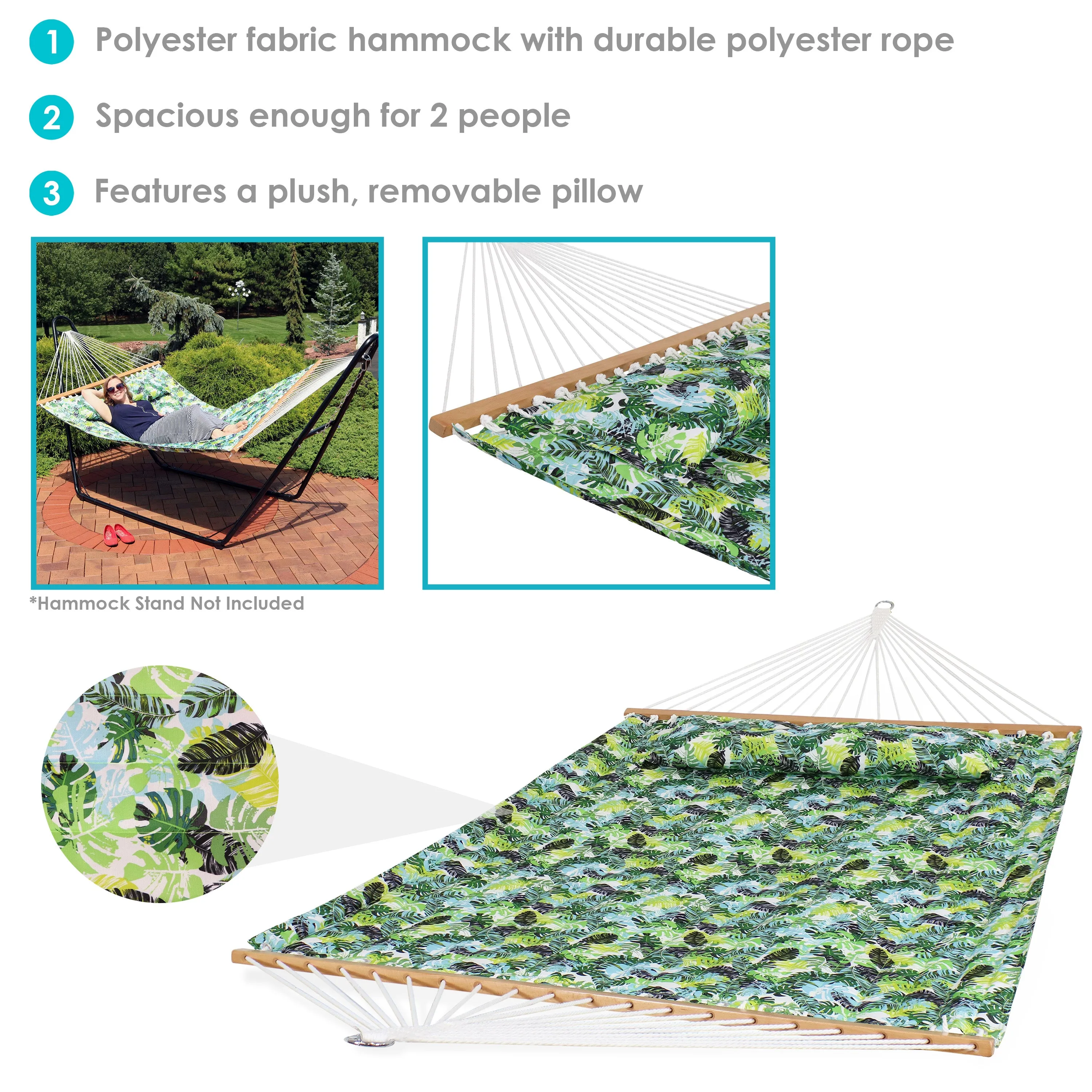 Sunnydaze 2-Person Fabric Spreader Bar Hammock and Pillow