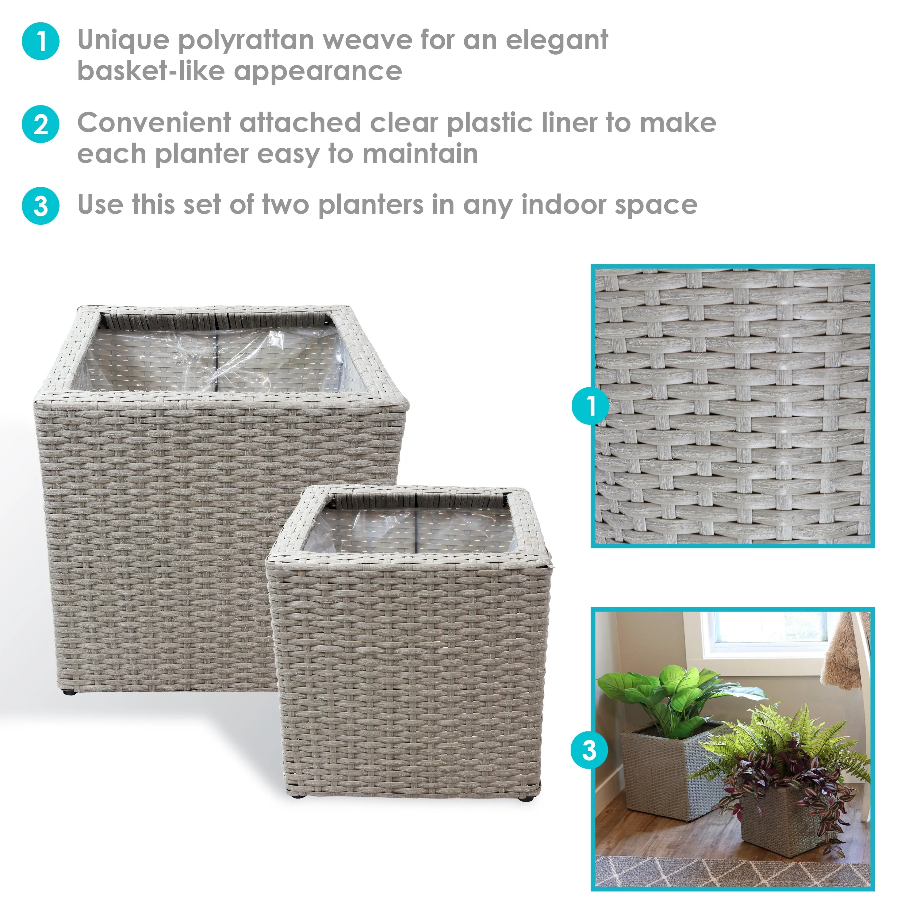 Sunnydaze Polyrattan Square Indoor Planters - 1 Large/1 Small Planter