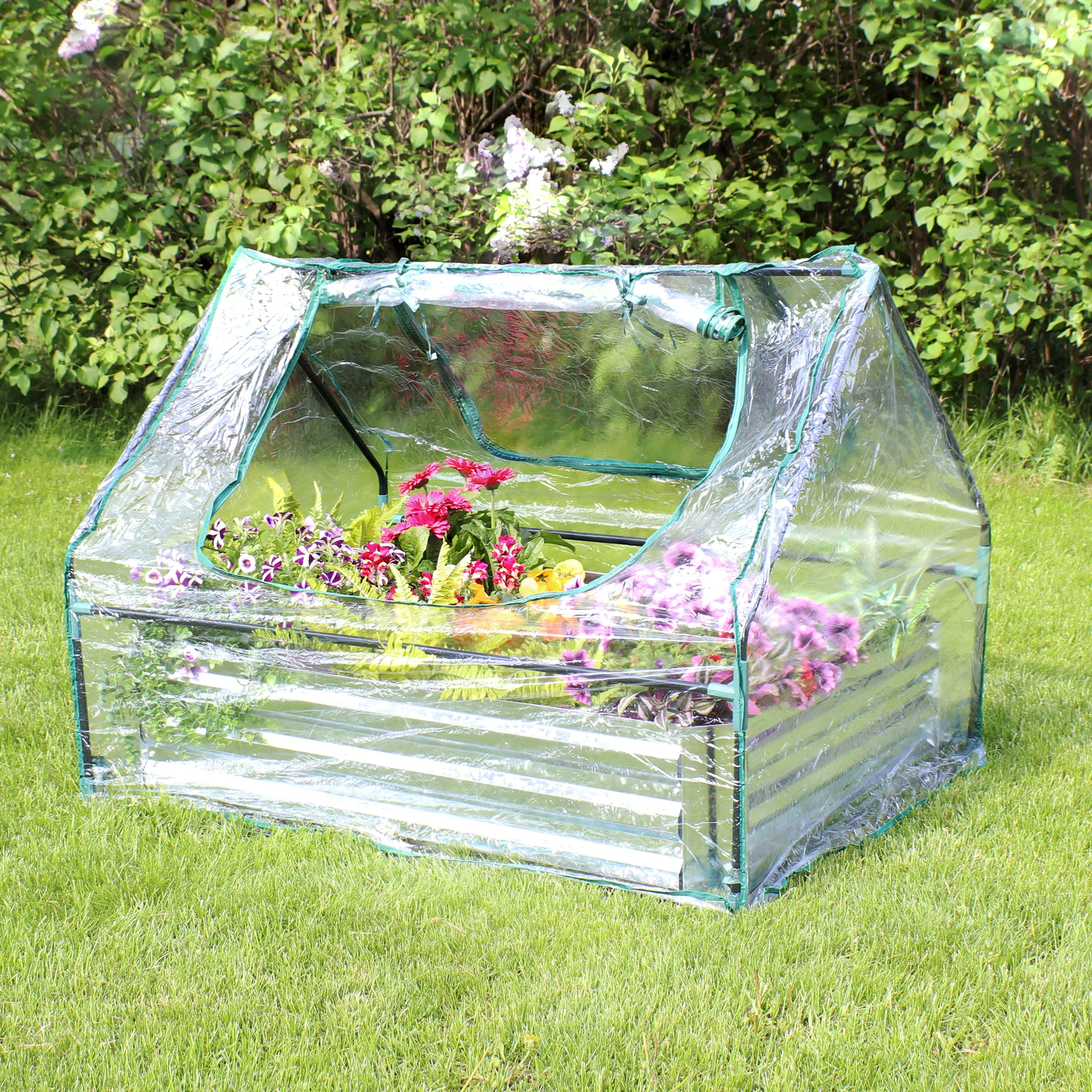 Sunnydaze Steel Raised Garden Bed and Mini Greenhouse Kit - Clear