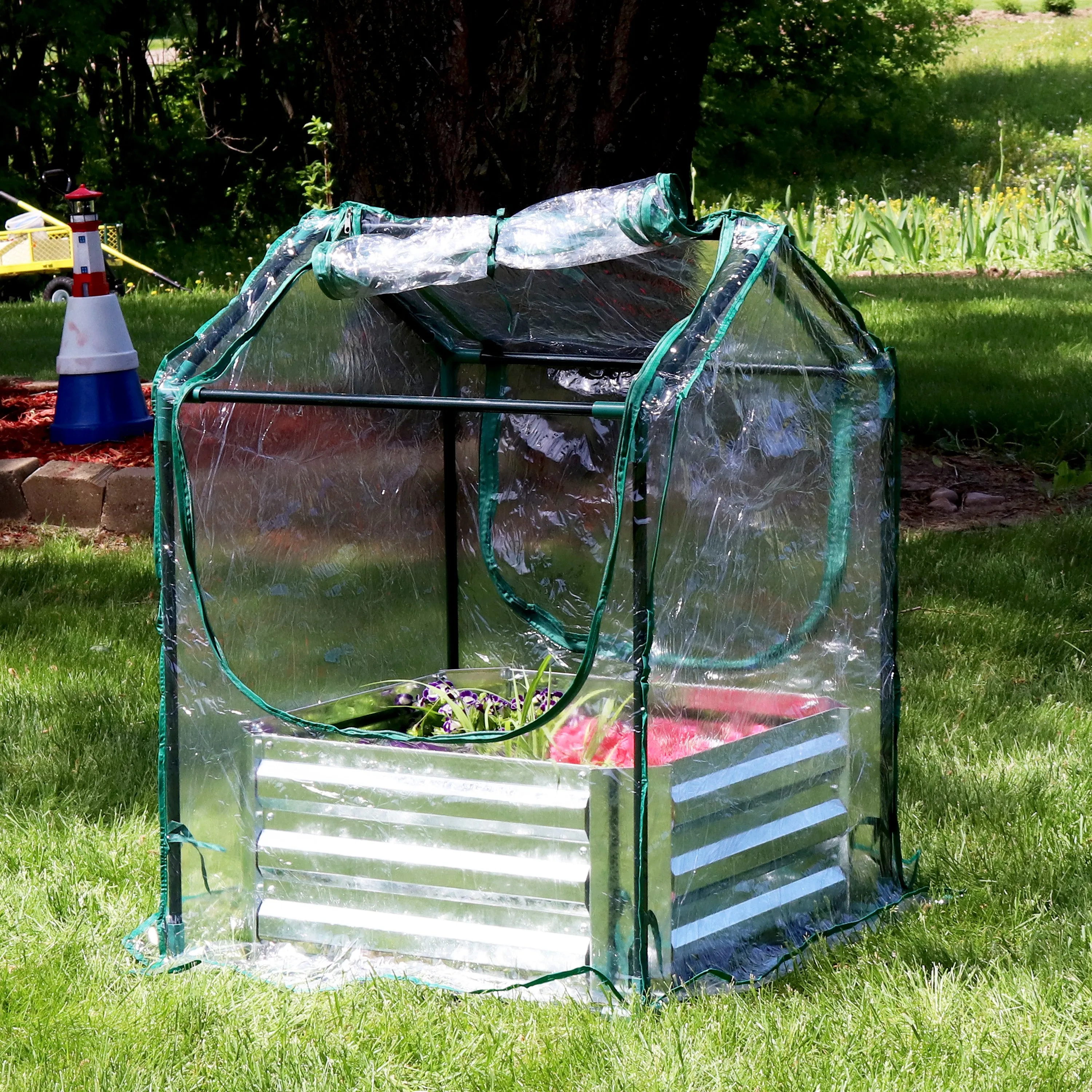 Sunnydaze Steel Raised Garden Bed and Mini Greenhouse Kit - Clear