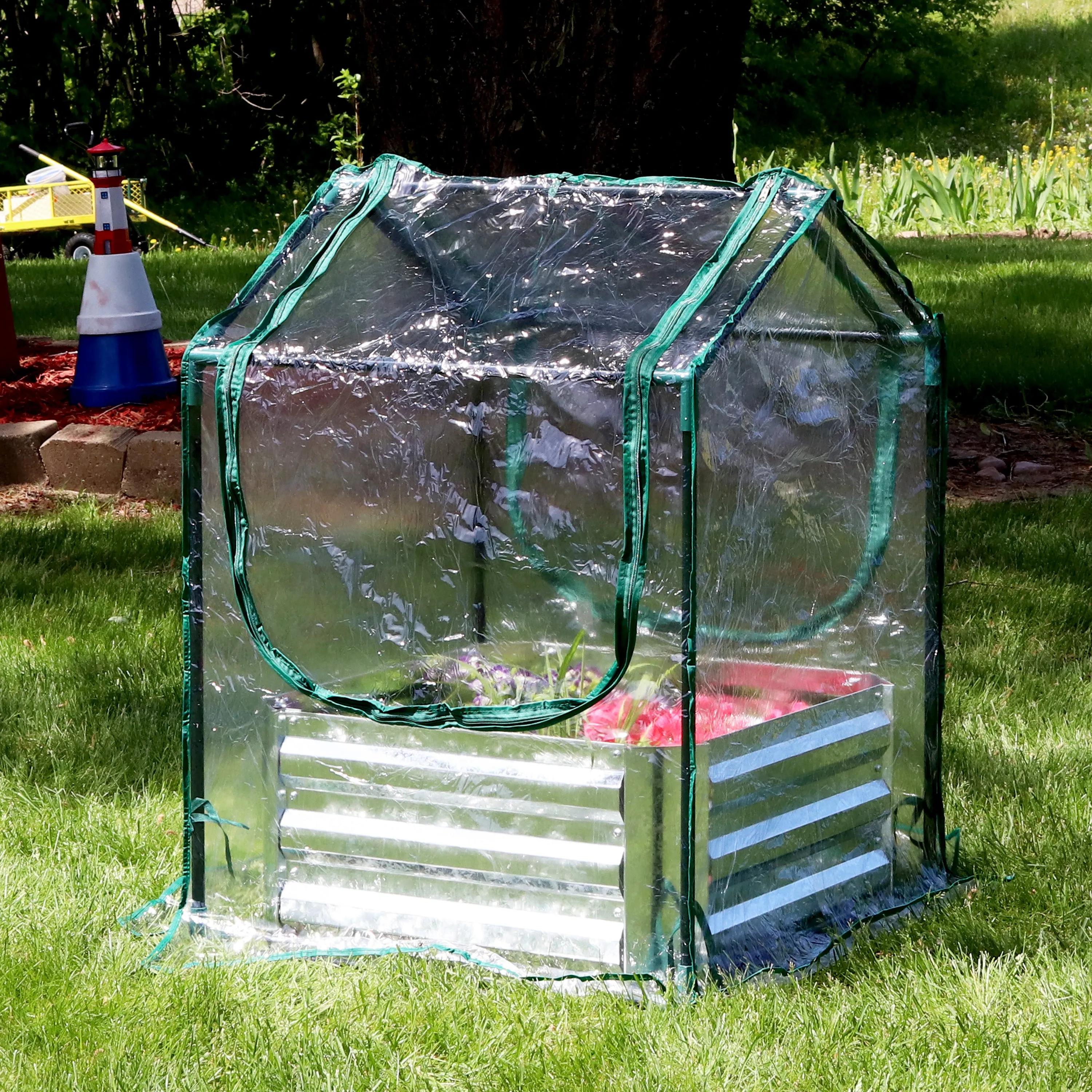Sunnydaze Steel Raised Garden Bed and Mini Greenhouse Kit - Clear