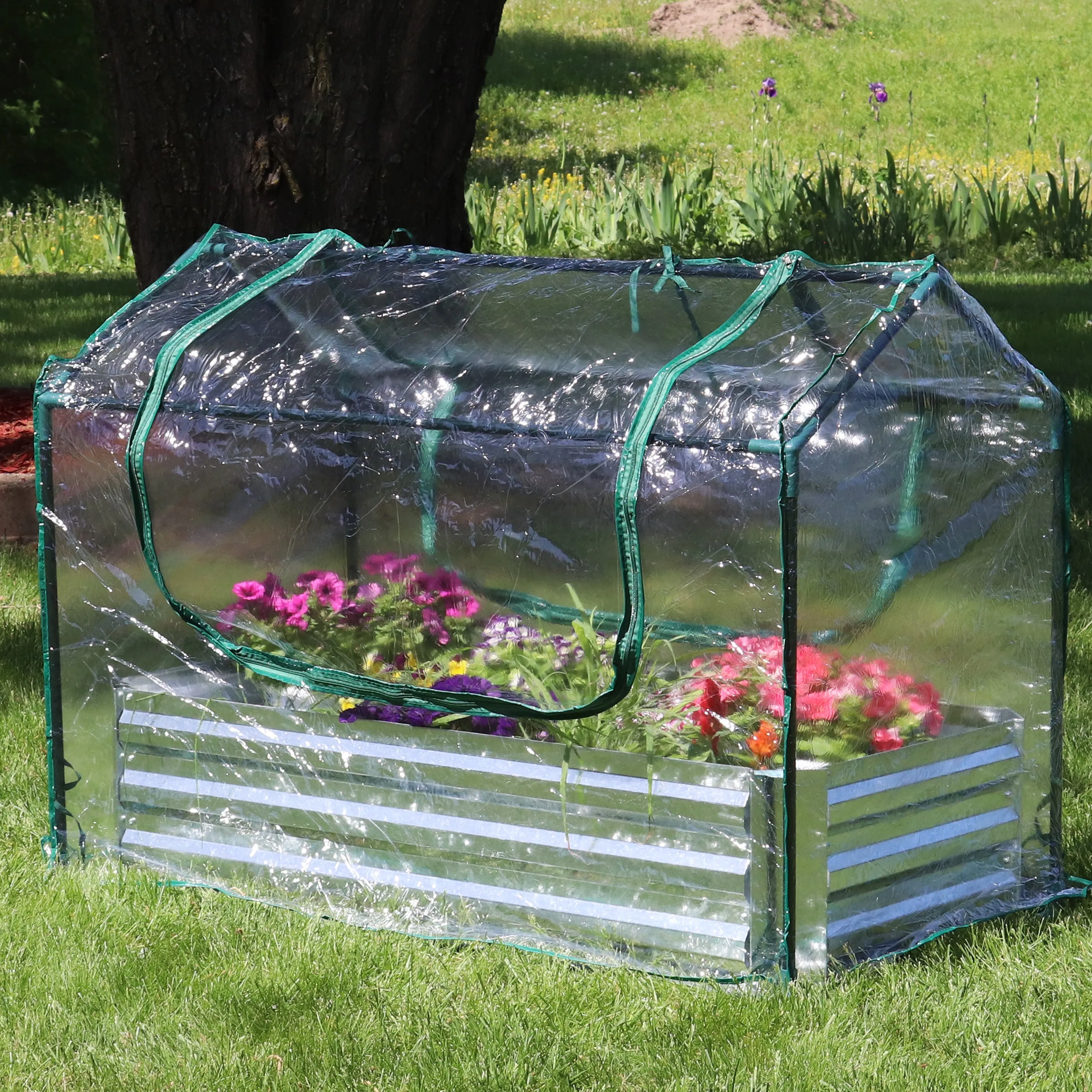 Sunnydaze Steel Raised Garden Bed and Mini Greenhouse Kit - Clear