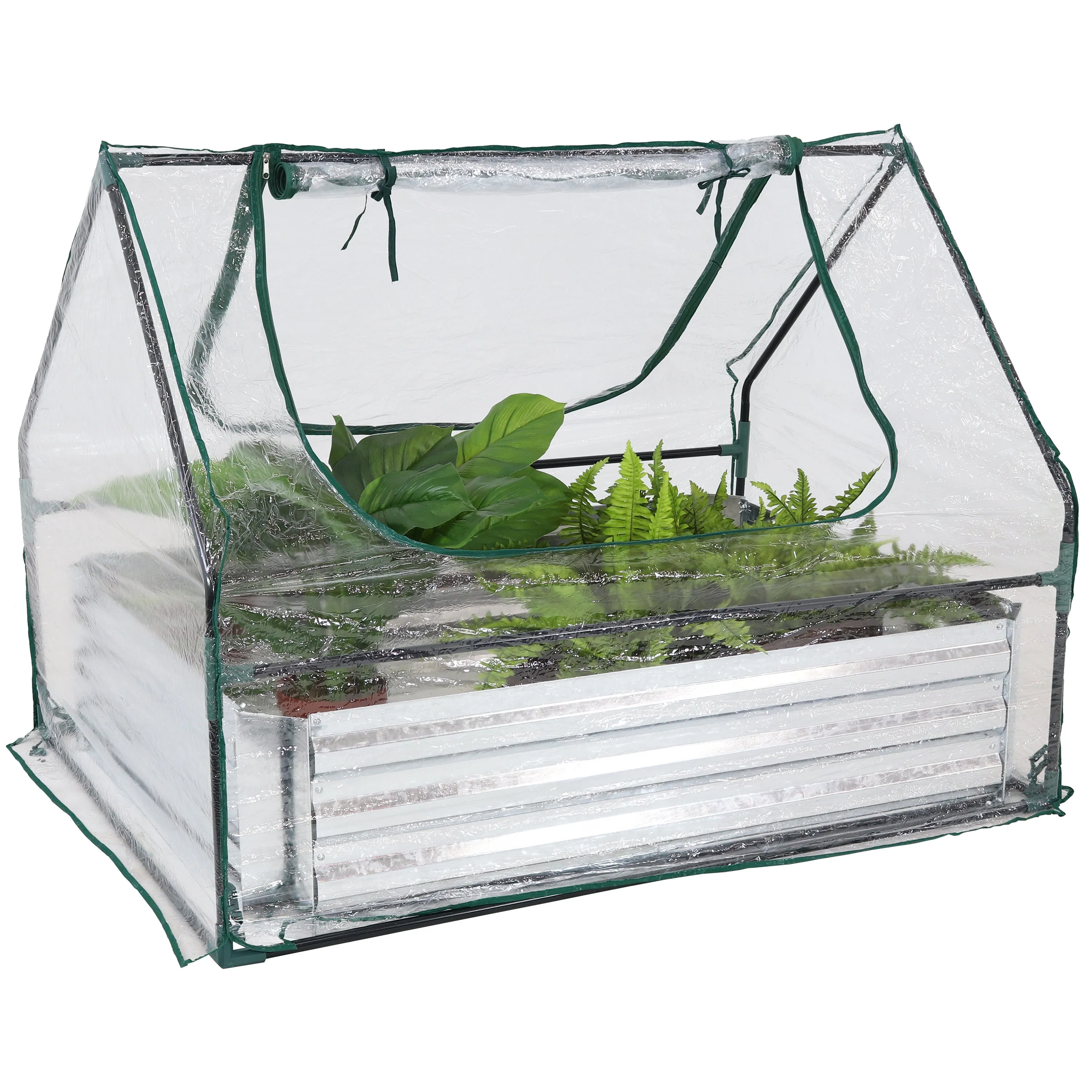 Sunnydaze Steel Raised Garden Bed and Mini Greenhouse Kit - Clear