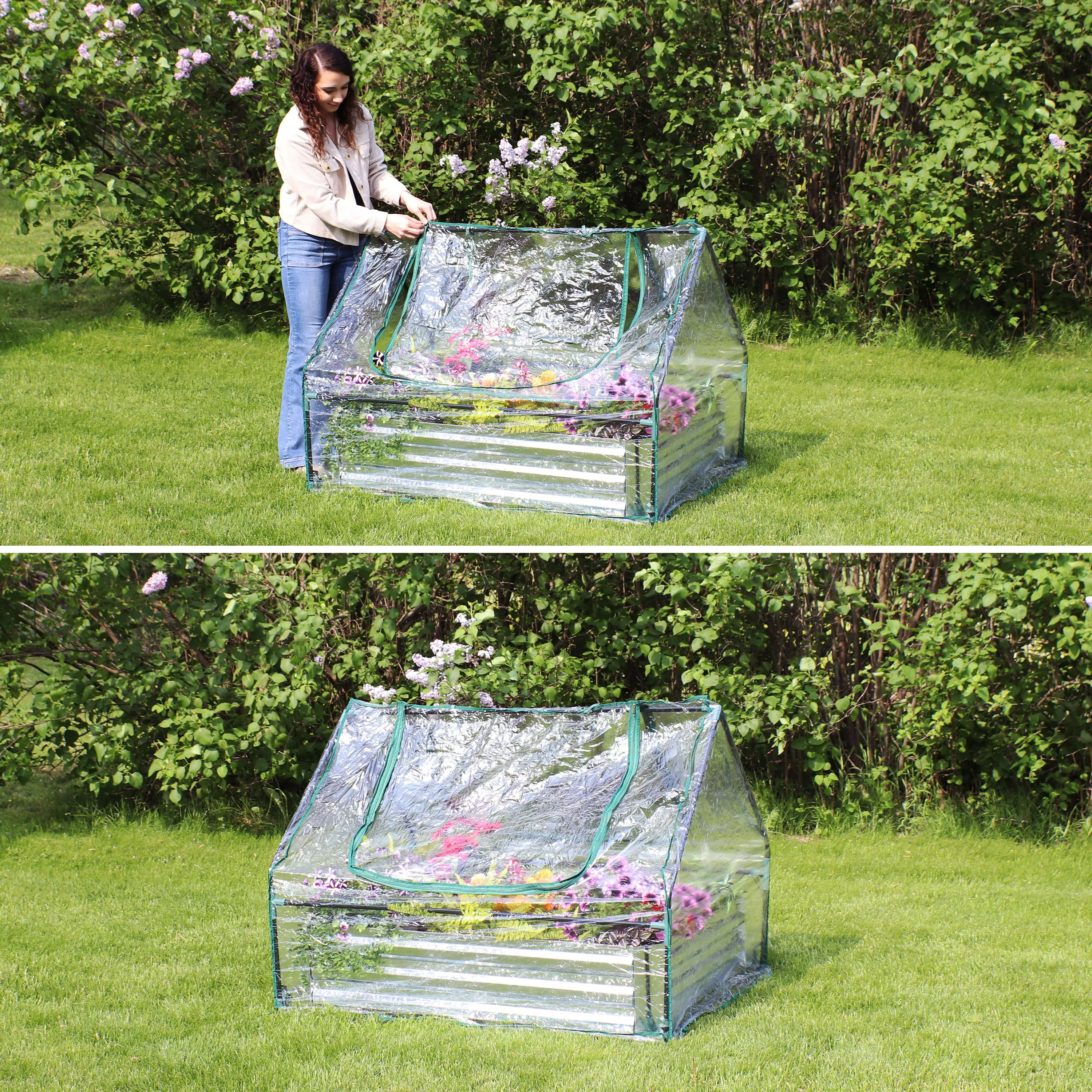 Sunnydaze Steel Raised Garden Bed and Mini Greenhouse Kit - Clear