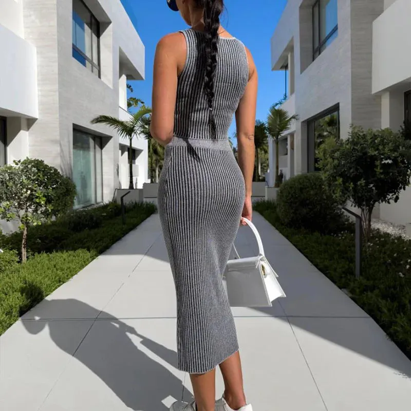 Tank Casual Striped Knitted Slim Fashion High Street Solid Color O-neck Set