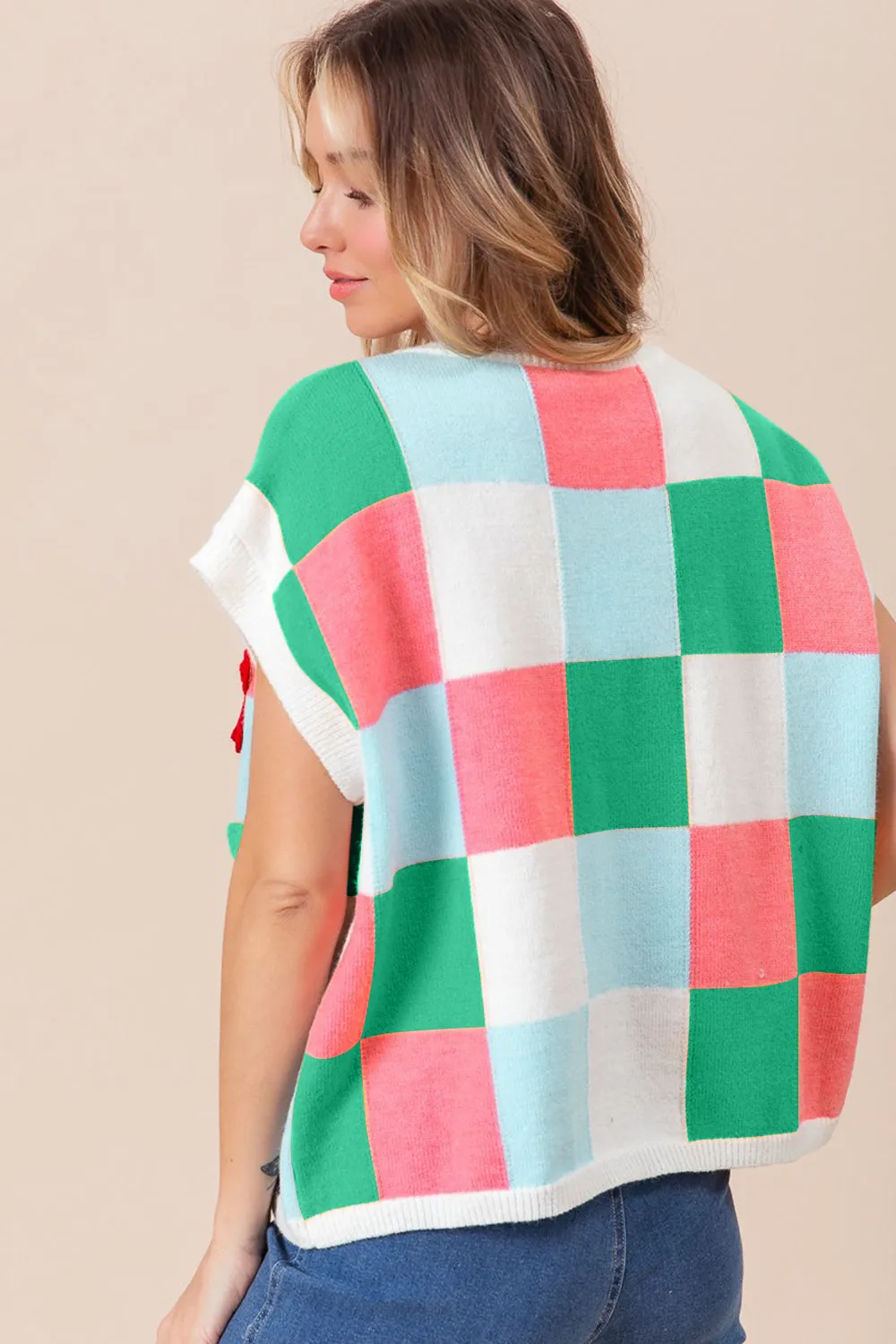 Trendy Flower Patch Knit Checkered Sweater Vest