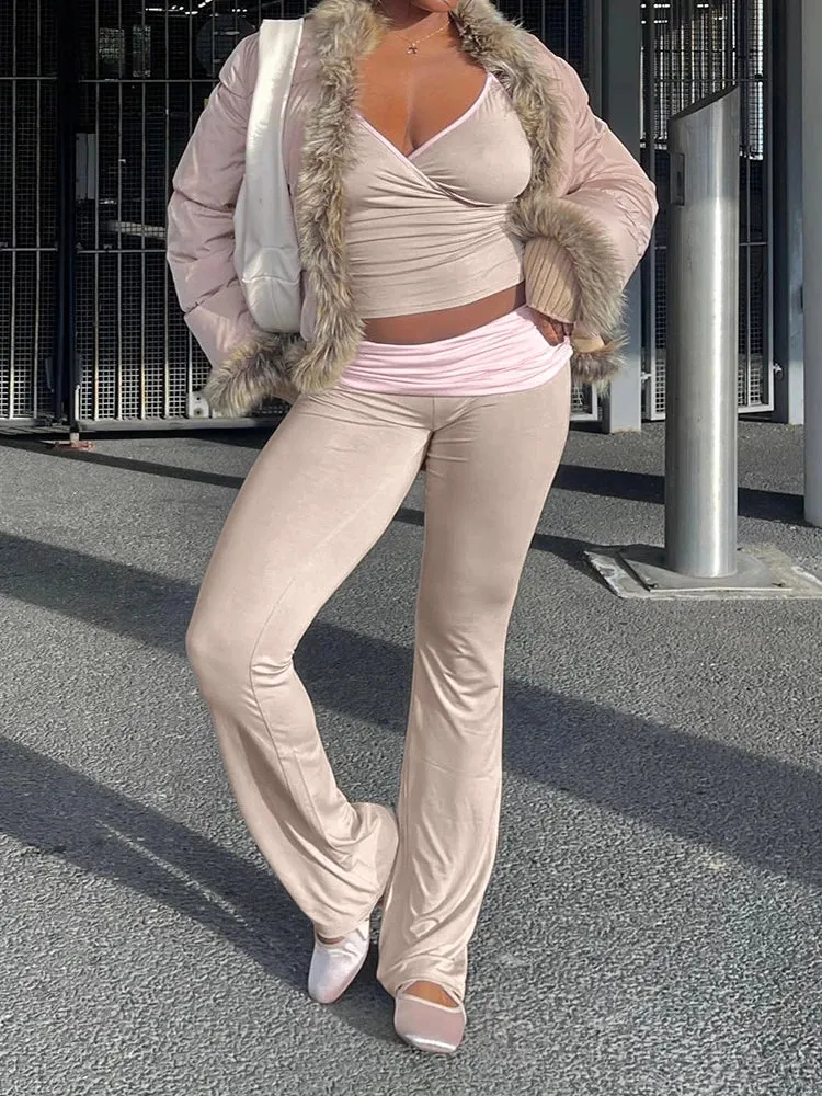 Trendy Surplice Top & Ruched Leggings Set for Casual Style