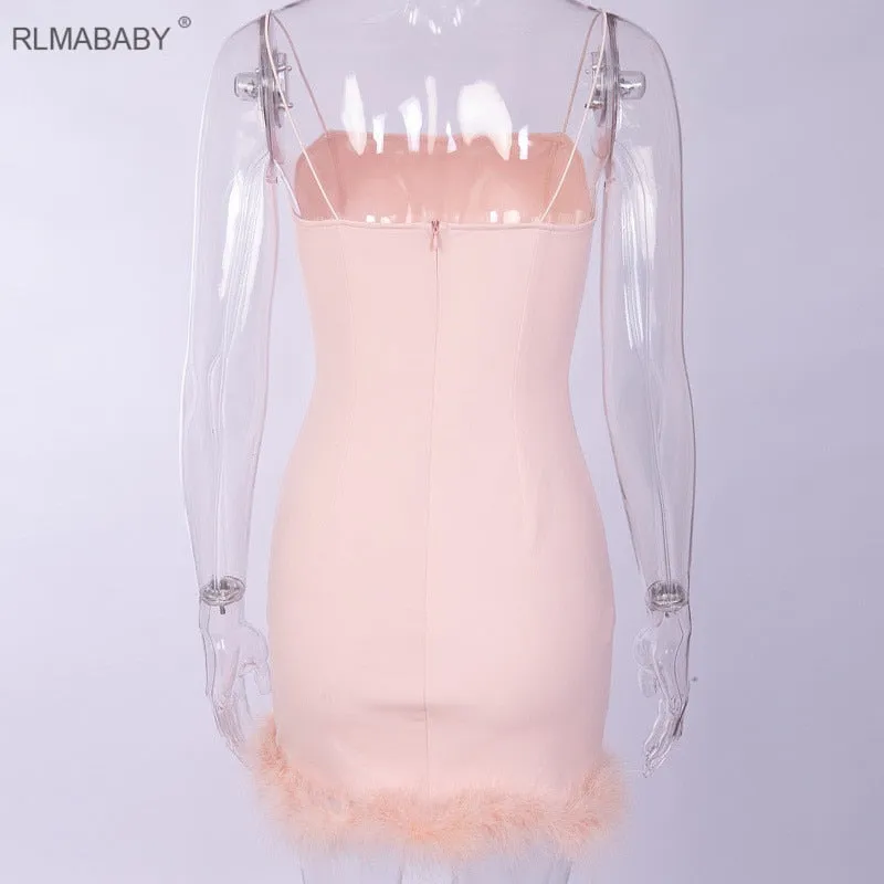 VenusFox Feather Patchwork Sexy Bodycon Mini Dress