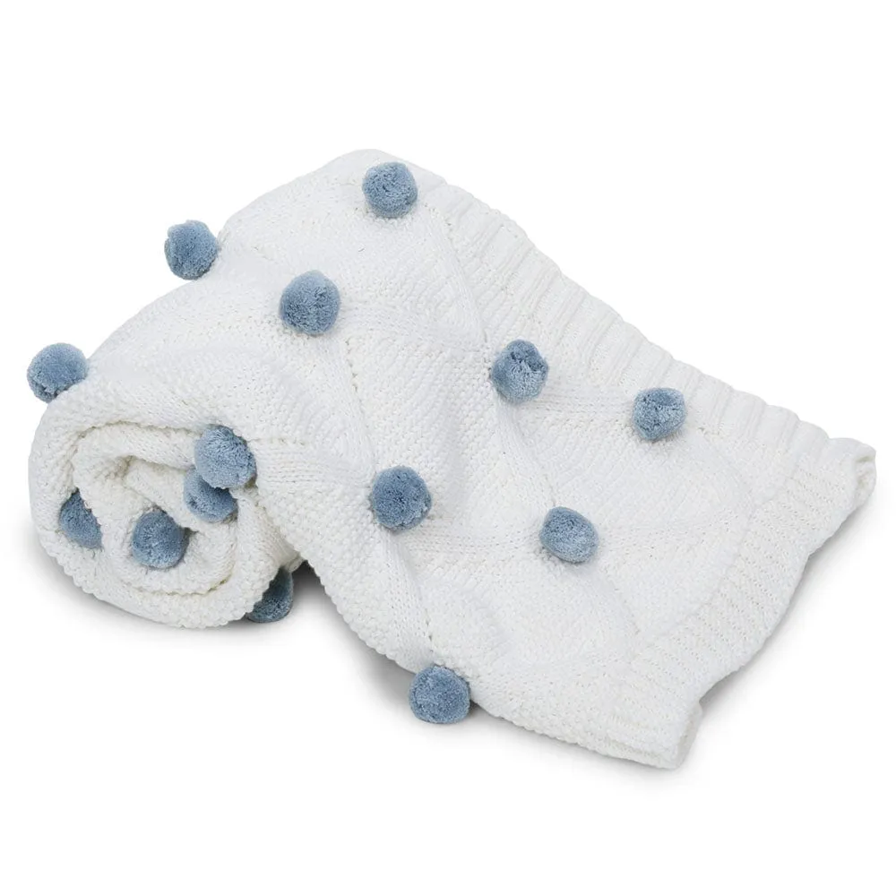 Whimsical Blue Pom Pom100% pure cotton knitted Summer/AC blanket for baby