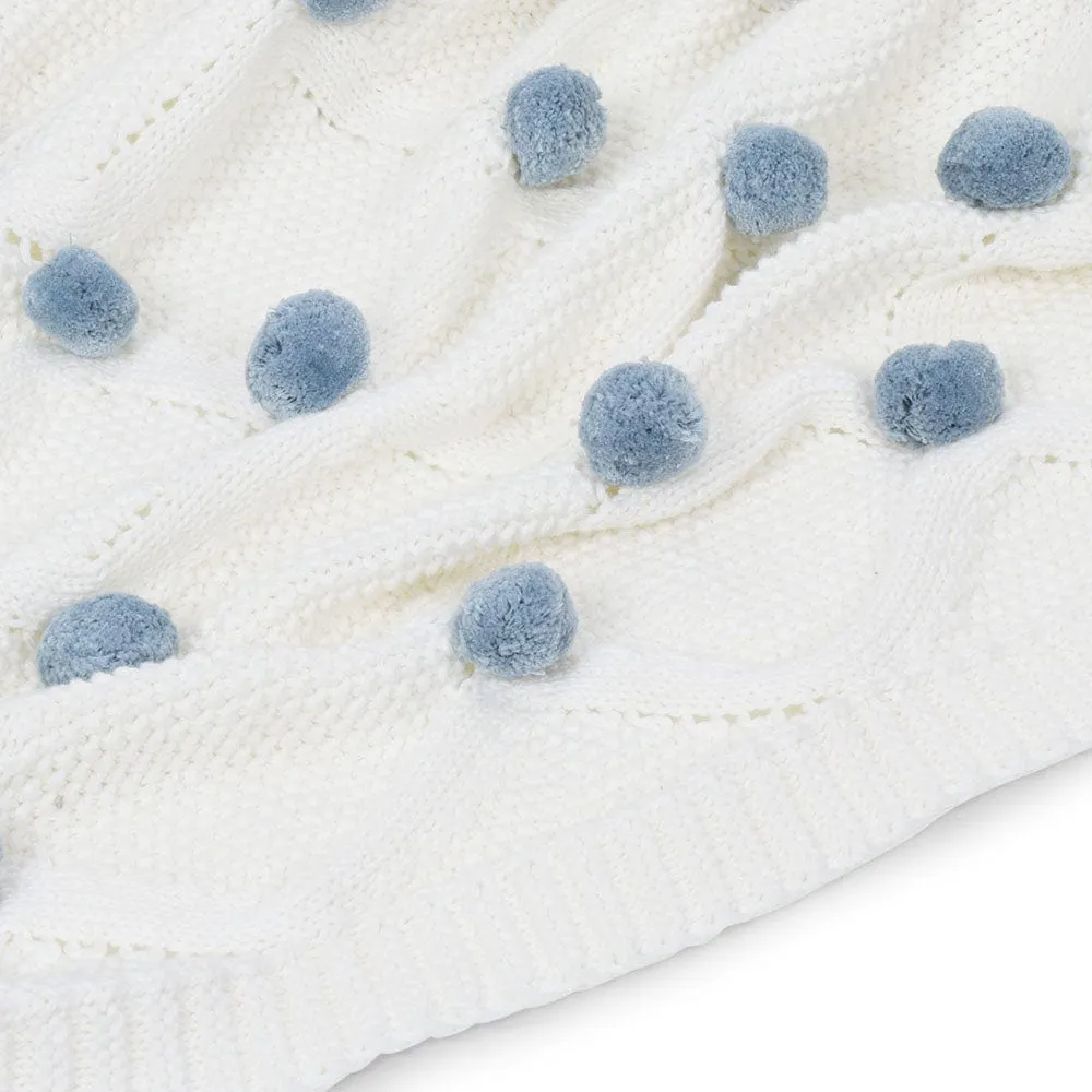 Whimsical Blue Pom Pom100% pure cotton knitted Summer/AC blanket for baby