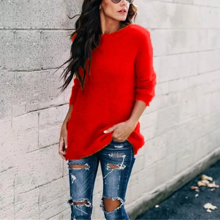 Women long sleeve knitted crew neck pullover sweater