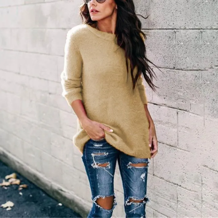 Women long sleeve knitted crew neck pullover sweater